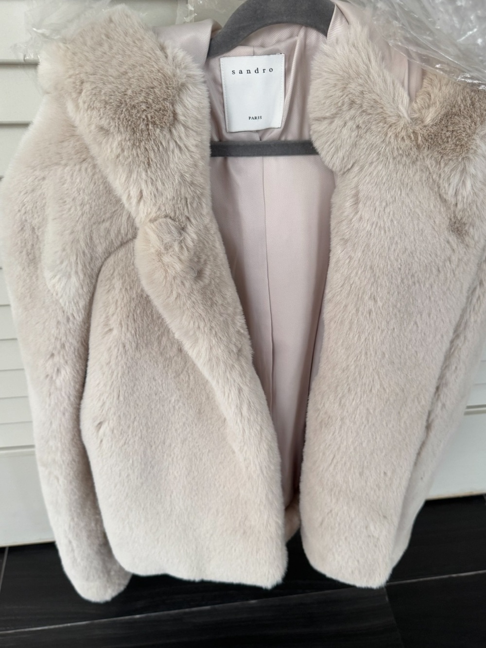 Sandro Paris Women's Pale Blush Teddy Jacket with Faux Fur Collar